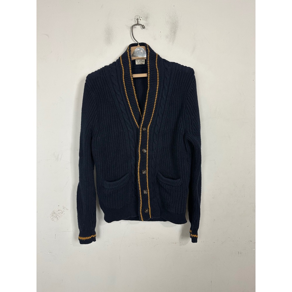 J.Crew Mens Organic Cotton Shawl Collar Cardigan Navy Blue Yellow BE905 M